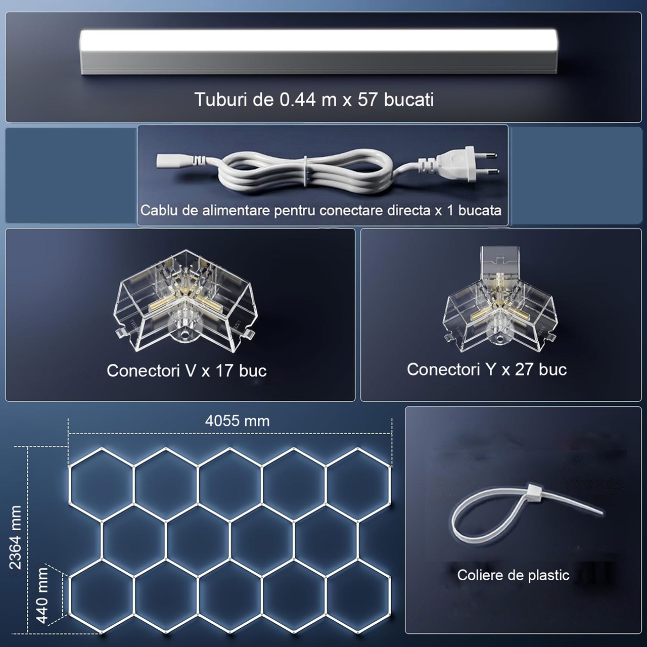 Set 14 Hexagoane LED Honeycomb 399W, 6500K lumină alb rece, 47880 lumeni, structură premium din aluminiu, 405 x 236 cm