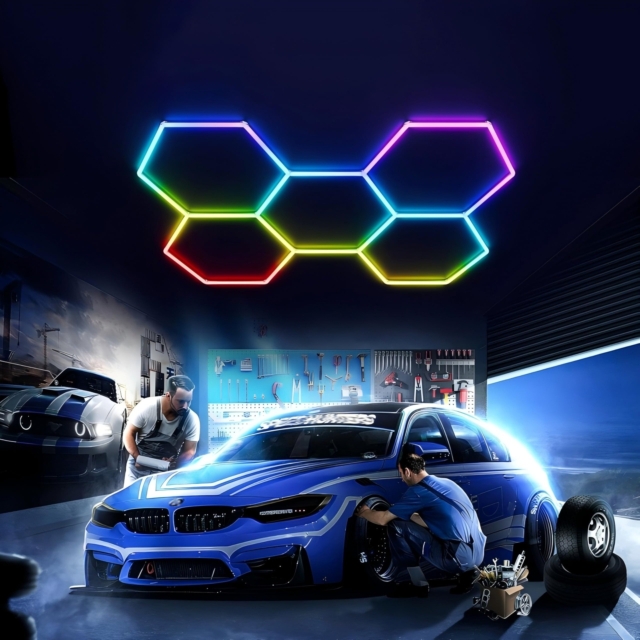 RGB Honeycomb LED LBZ-00151 01__1 Set 5 Hexagoane LED RGB Honeycomb 44W, structură premium din aluminiu, 234 x 166 cm