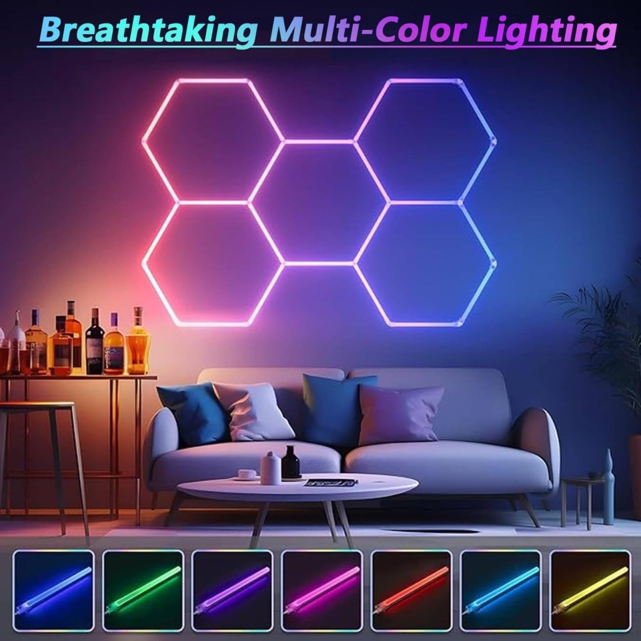 Set 5 Hexagoane LED RGB Honeycomb 44W, structură premium din aluminiu, 234 x 166 cm