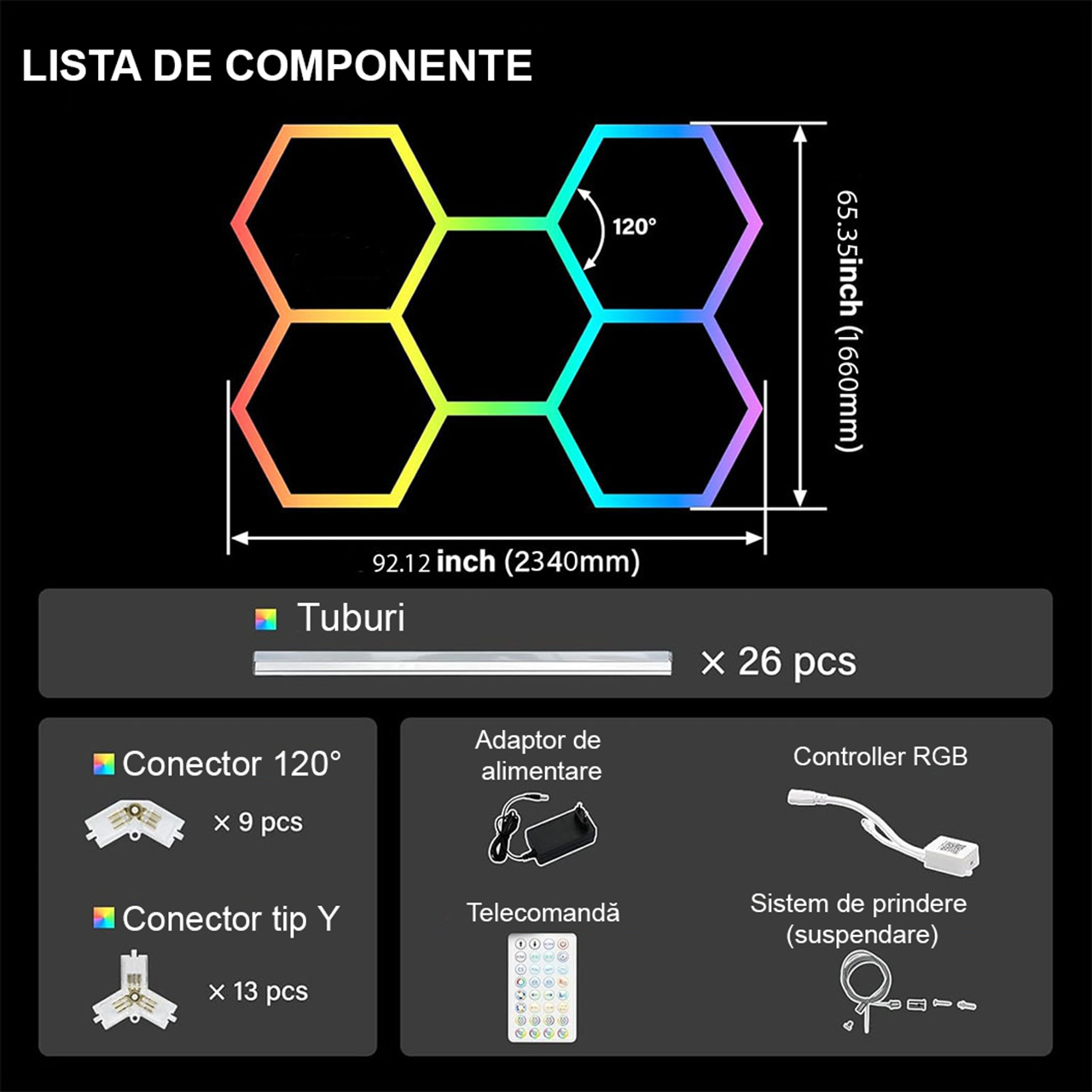 Set 5 Hexagoane LED RGB Honeycomb 44W, structură premium din aluminiu, 234 x 166 cm