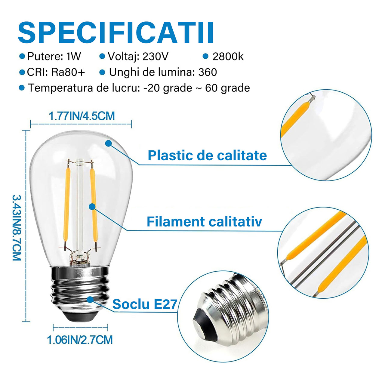 becuri S14 LBZ-00187 04 Set 10 becuri LED S14 cu soclu E27, 1W, pentru iluminat decorativ
