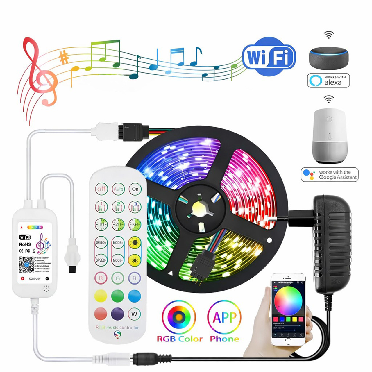 Benzi LED LBZ-00271 01 Kit Banda LED Smart RGB 5M – Control prin Aplicatie & Telecomanda, Bluetooth, Lumini Multicolore, Music Sync, Control Vocal