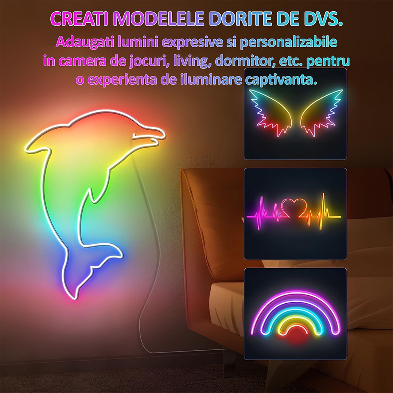 Banda LED Neon RGBIC Flexibila 3M – Control prin Aplicatie & Telecomanda, Sincronizare Muzicala, IP67 Waterproof, Alexa & Google Assistant, Timer, Luminozitate & Viteza Reglabila
