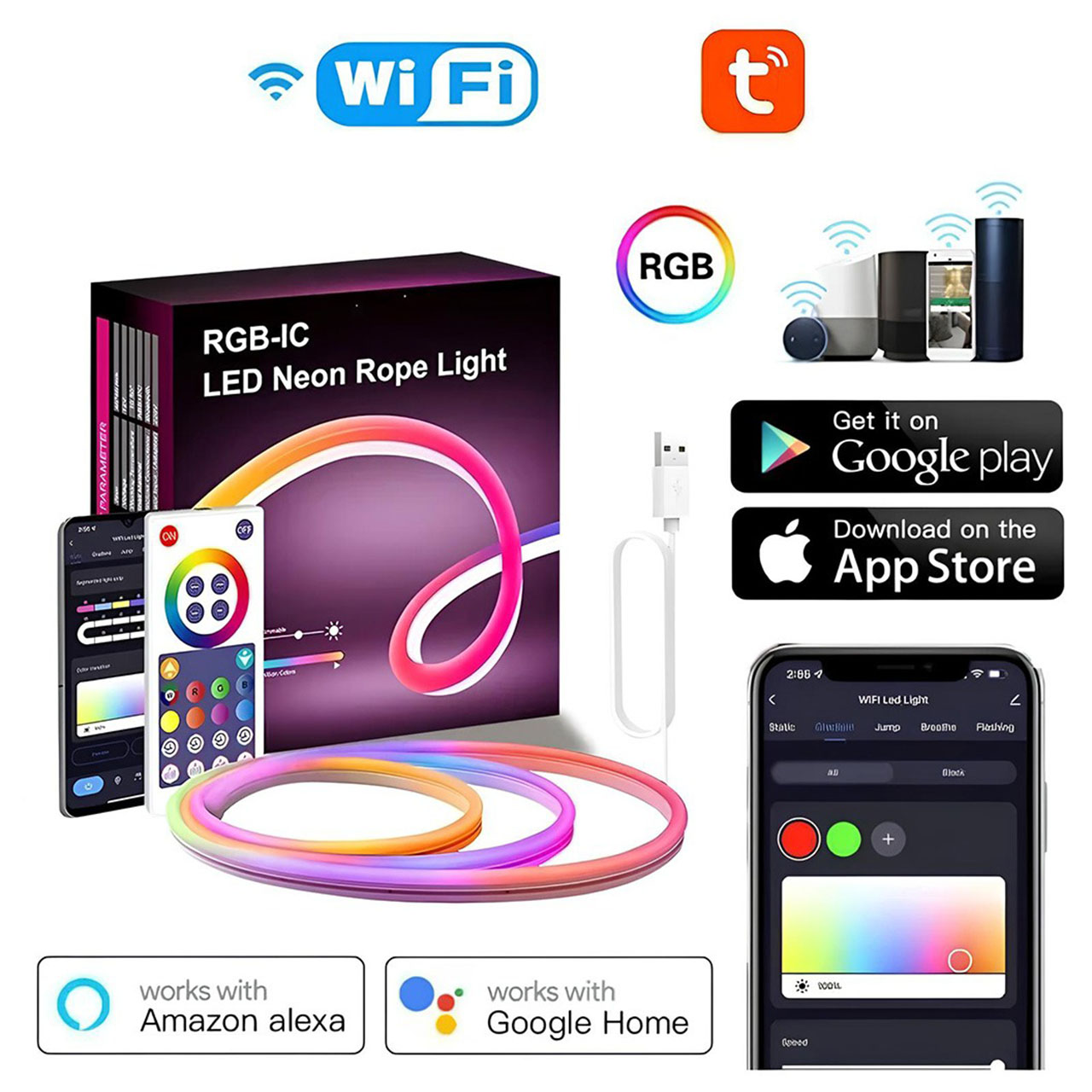 Banda LED Neon RGBIC Flexibila 3M – Control prin Aplicatie & Telecomanda, Sincronizare Muzicala, IP67 Waterproof, Alexa & Google Assistant, Timer, Luminozitate & Viteza Reglabila