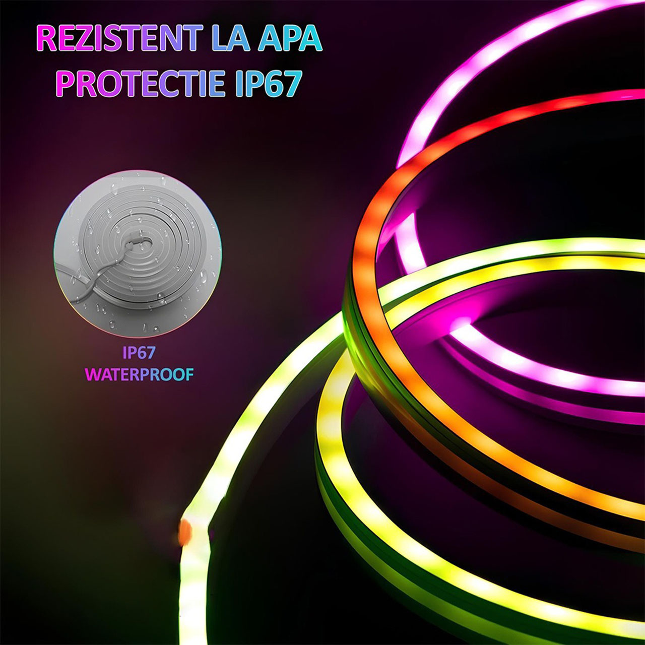 Banda LED Neon RGBIC Flexibila 3M – Control prin Aplicatie & Telecomanda, Sincronizare Muzicala, IP67 Waterproof, Alexa & Google Assistant, Timer, Luminozitate & Viteza Reglabila