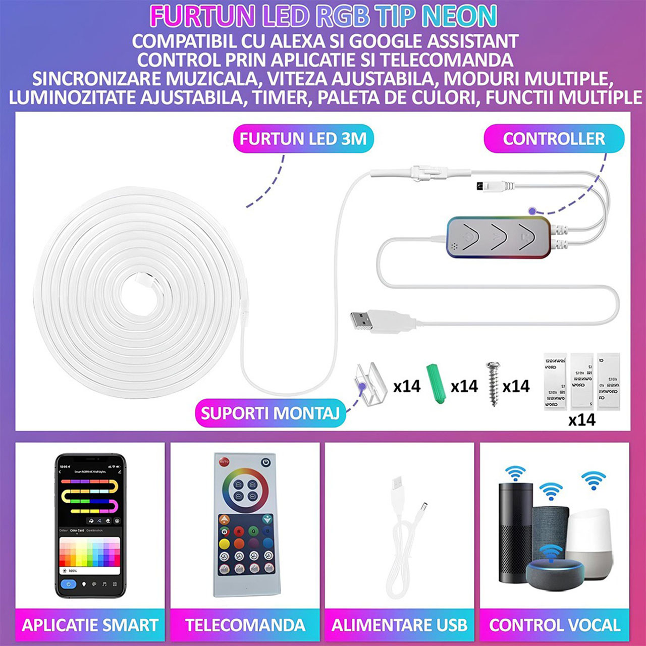 Banda LED Neon RGBIC Flexibila 3M – Control prin Aplicatie & Telecomanda, Sincronizare Muzicala, IP67 Waterproof, Alexa & Google Assistant, Timer, Luminozitate & Viteza Reglabila