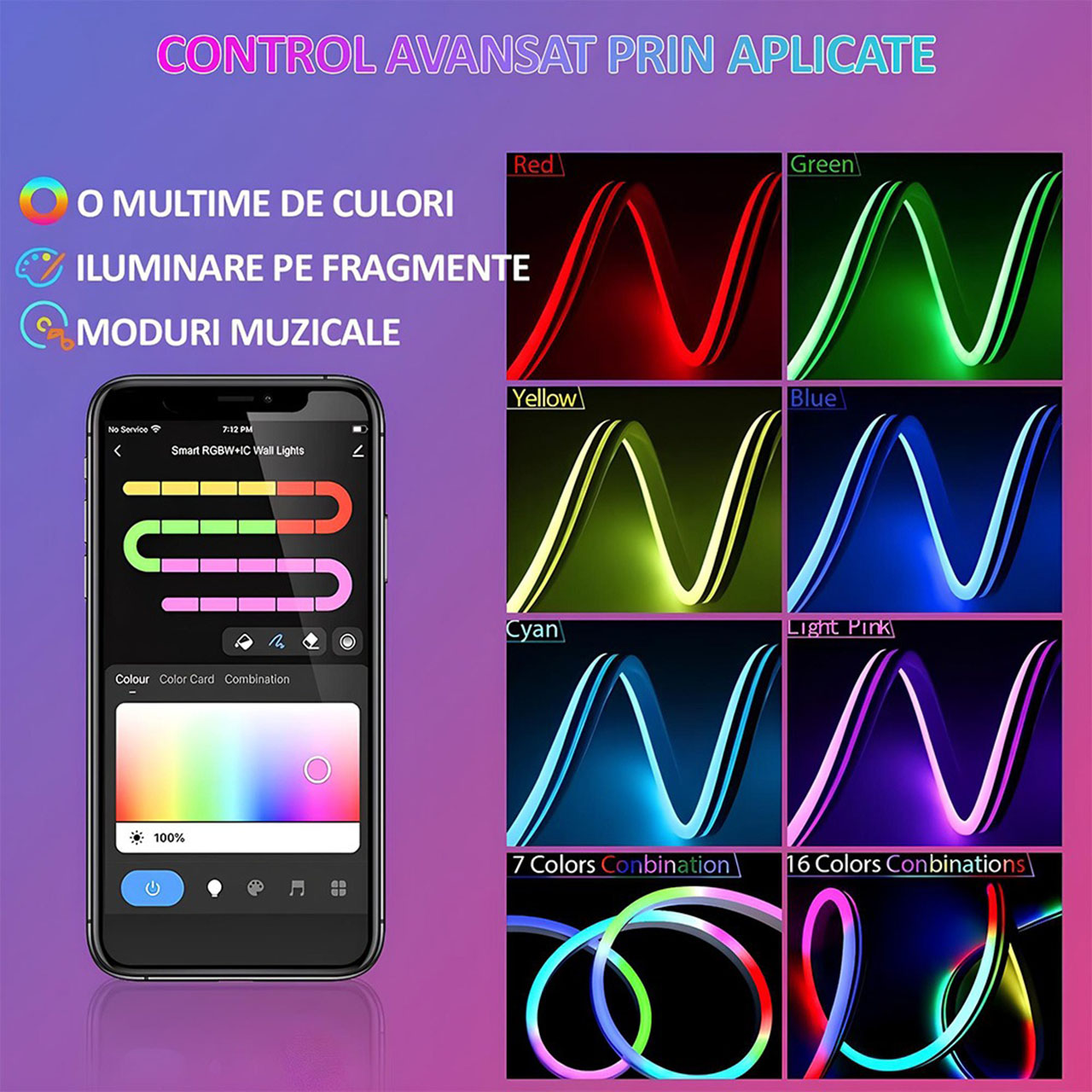 Banda LED Neon RGBIC Flexibila 3M – Control prin Aplicatie & Telecomanda, Sincronizare Muzicala, IP67 Waterproof, Alexa & Google Assistant, Timer, Luminozitate & Viteza Reglabila