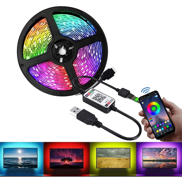 Banda LED RGB 10 Metri 5050 – 60 LED/m, Autoadeziva, Bluetooth, Control prin Aplicatie & Telecomanda, Mod Muzica, Timer