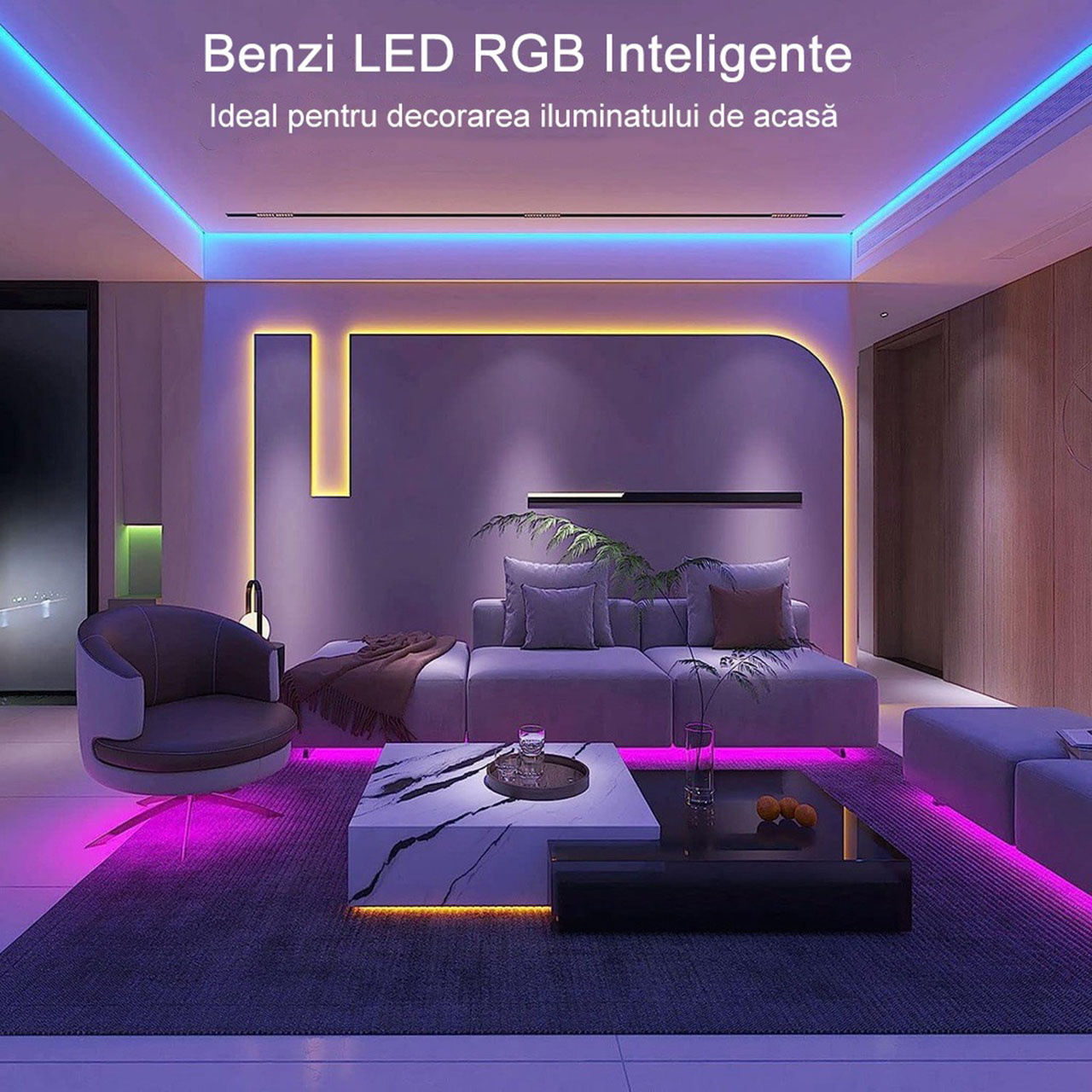 Banda LED RGB 5m, 5050 SMD - 5V, 30 LED/m, Autoadeziva, Control Bluetooth & Telecomanda, Sincronizare Muzica