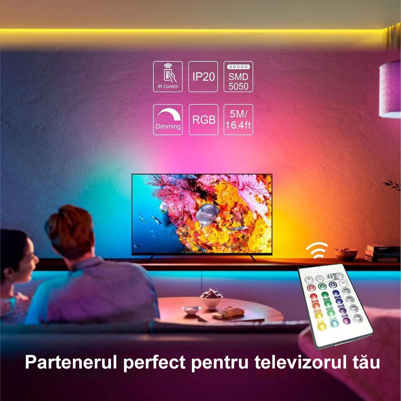 Banda LED RGB 5m, 5050 SMD - 5V, 30 LED/m, Autoadeziva, Control Bluetooth & Telecomanda, Sincronizare Muzica