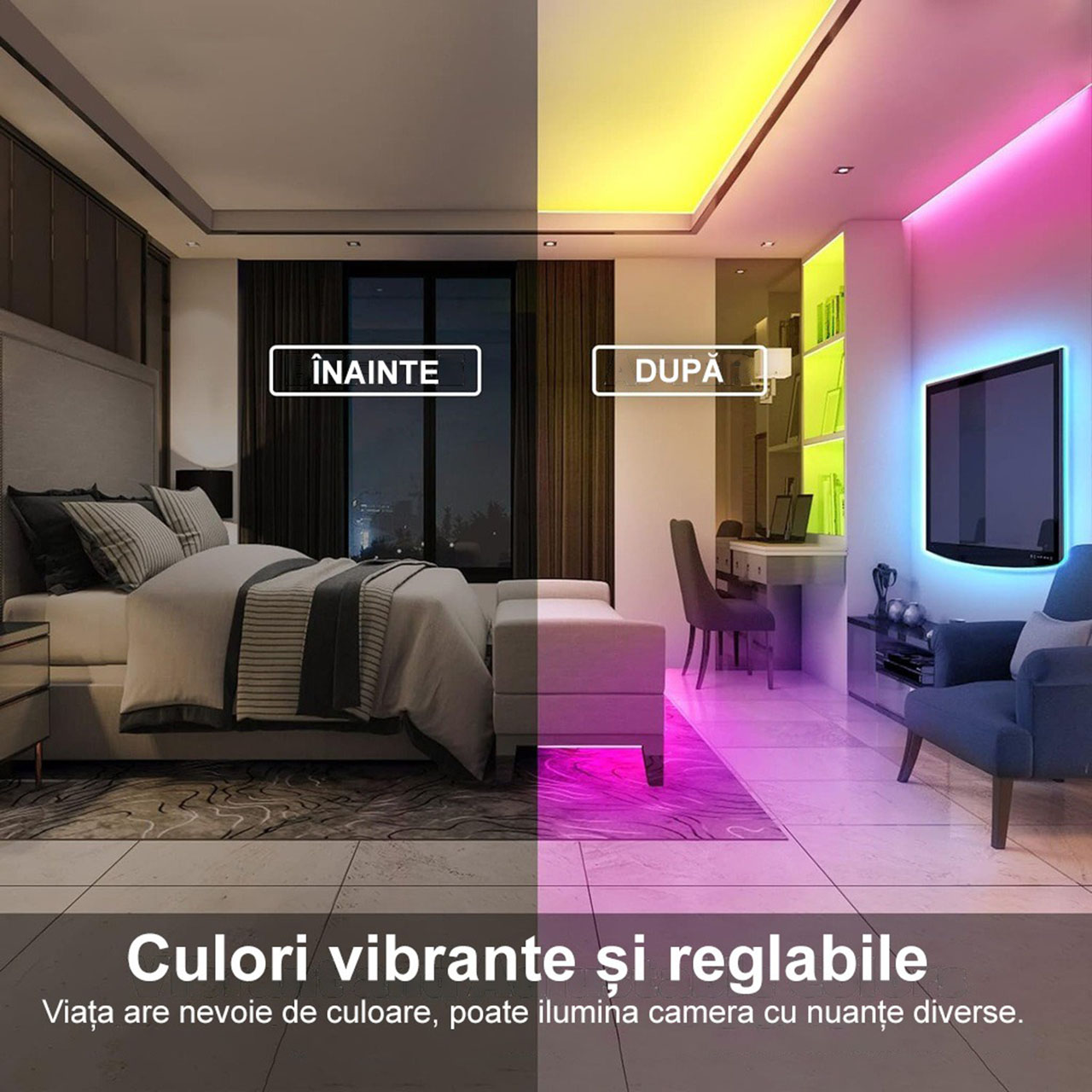 Banda LED RGB 5m, 5050 SMD - 5V, 30 LED/m, Autoadeziva, Control Bluetooth & Telecomanda, Sincronizare Muzica