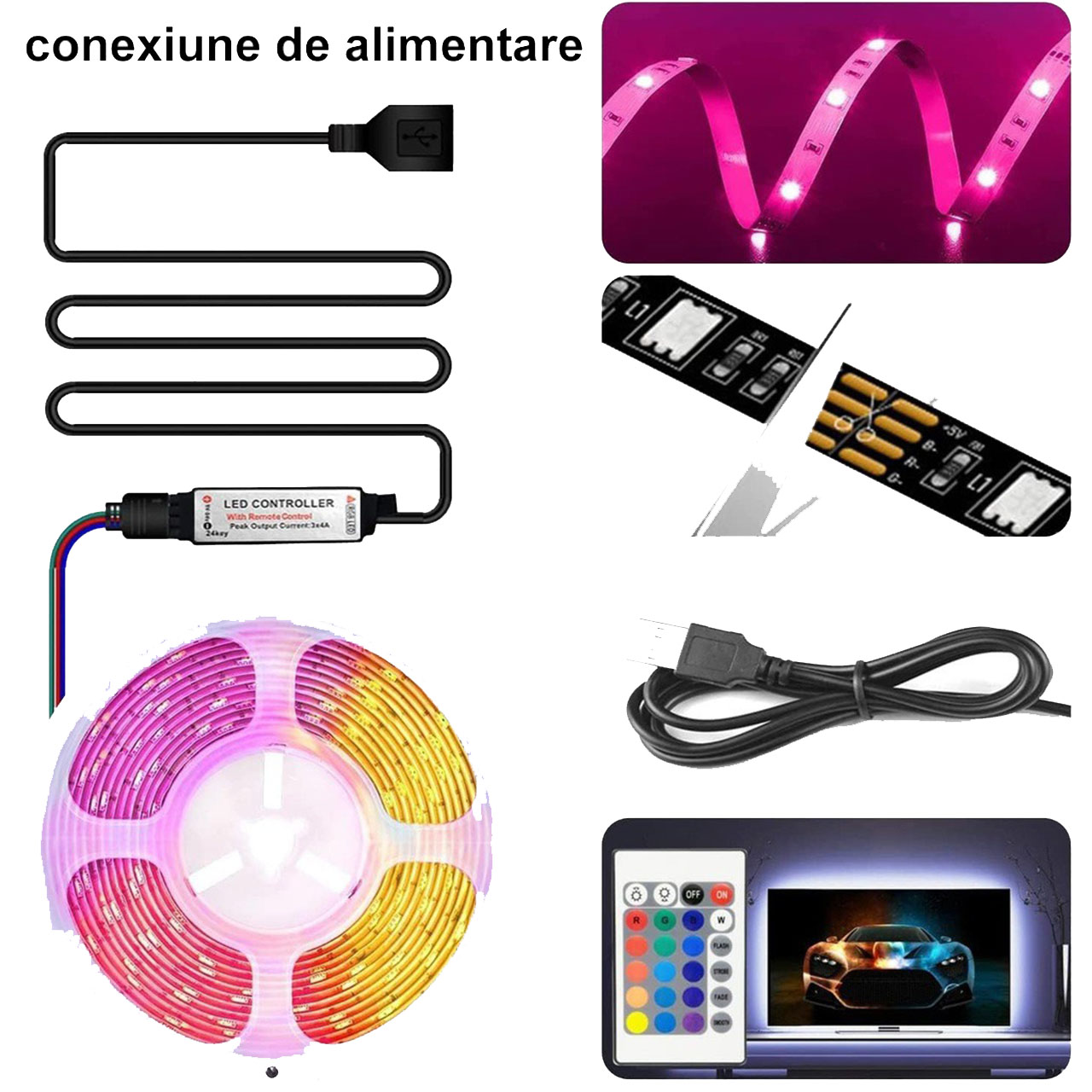 Banda LED RGB 5m, 5050 SMD - 5V, 30 LED/m, Autoadeziva, Control Bluetooth & Telecomanda, Sincronizare Muzica