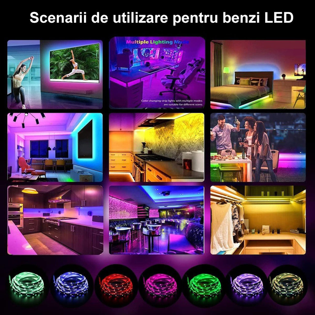 Banda LED RGB 5m, 5050 SMD - 5V, 30 LED/m, Autoadeziva, Control Bluetooth & Telecomanda, Sincronizare Muzica