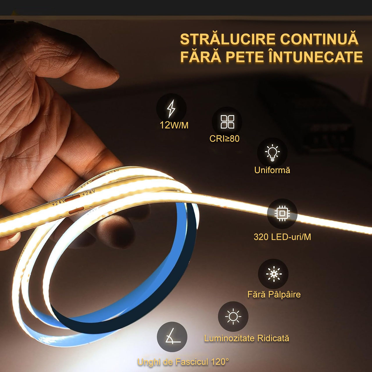 Benzi LED LBZ-00468 03 Banda LED COB 12V, 320 LED-uri/m – Lumina Alb-Cald, Interior IP20, Latime 8mm, Rola de 5 Metri