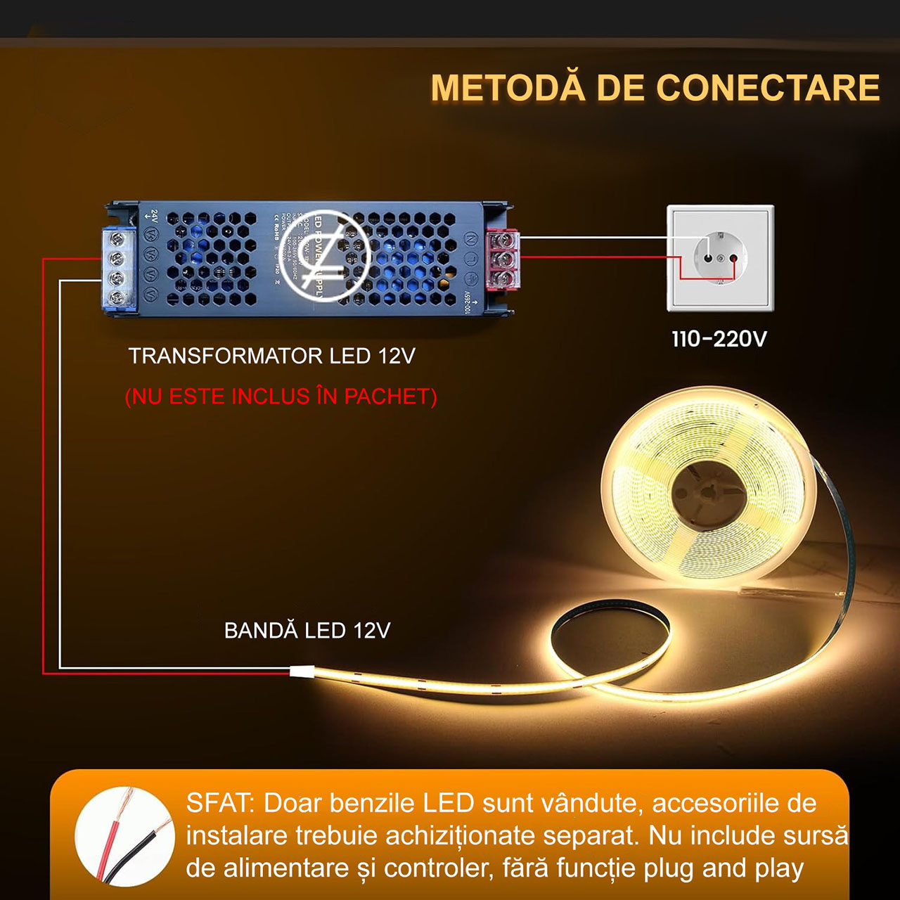 Banda LED COB 12V, 528 LED/m, Lumina Alb-Calda, Interior IP20, 10mm, Rola 5 metri