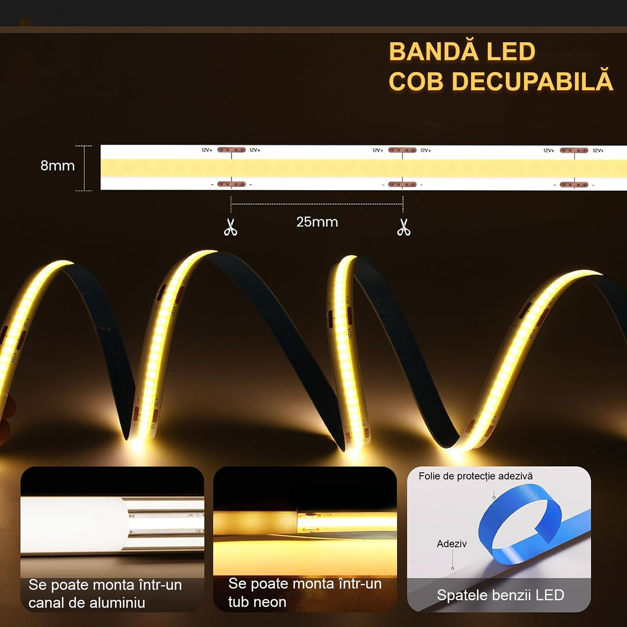 Banda LED COB 12V, 528 LED/m, Lumina Alb-Calda, Interior IP20, 10mm, Rola 5 metri