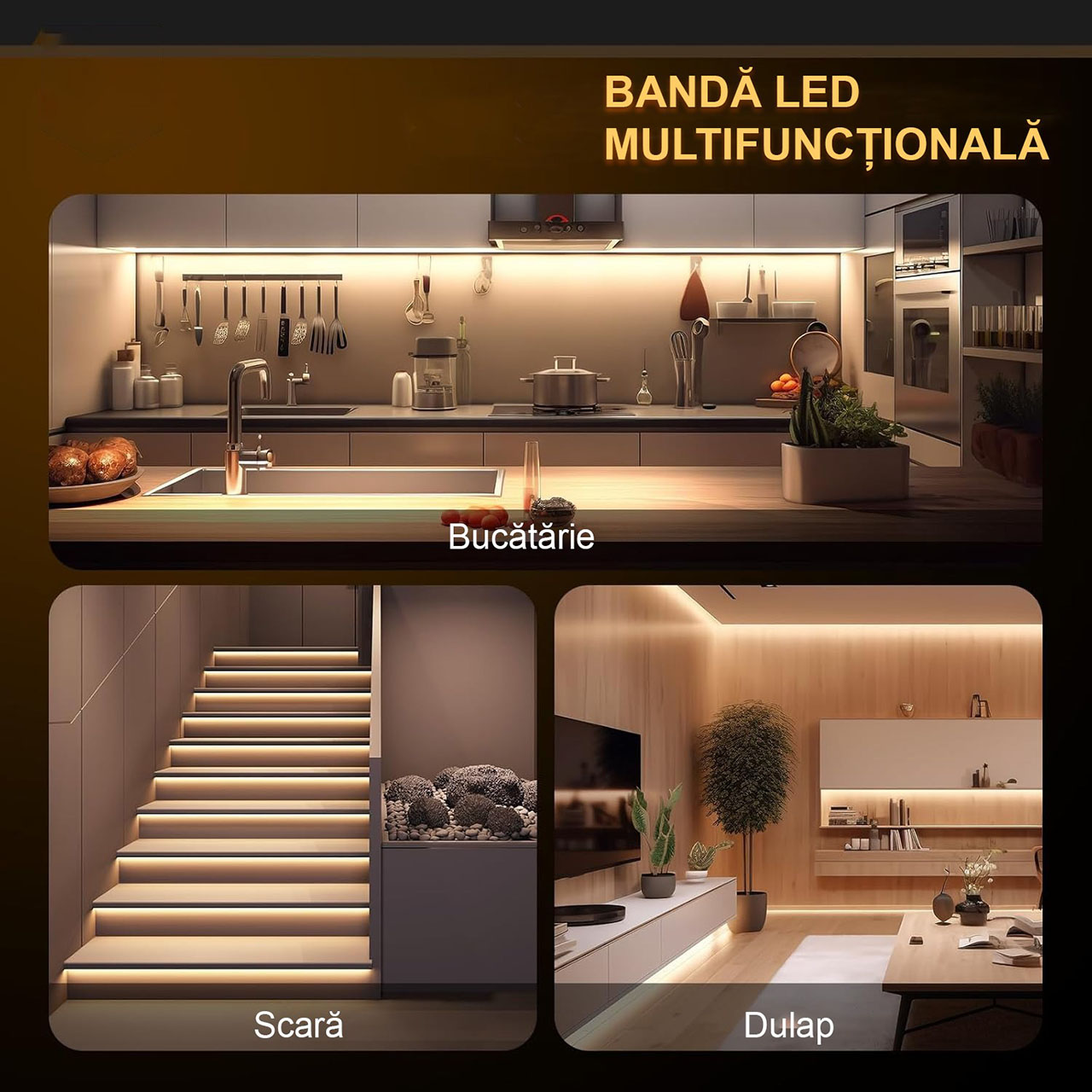 Banda LED COB 12V, 528 LED/m, Lumina Alb-Calda, Interior IP20, 10mm, Rola 5 metri