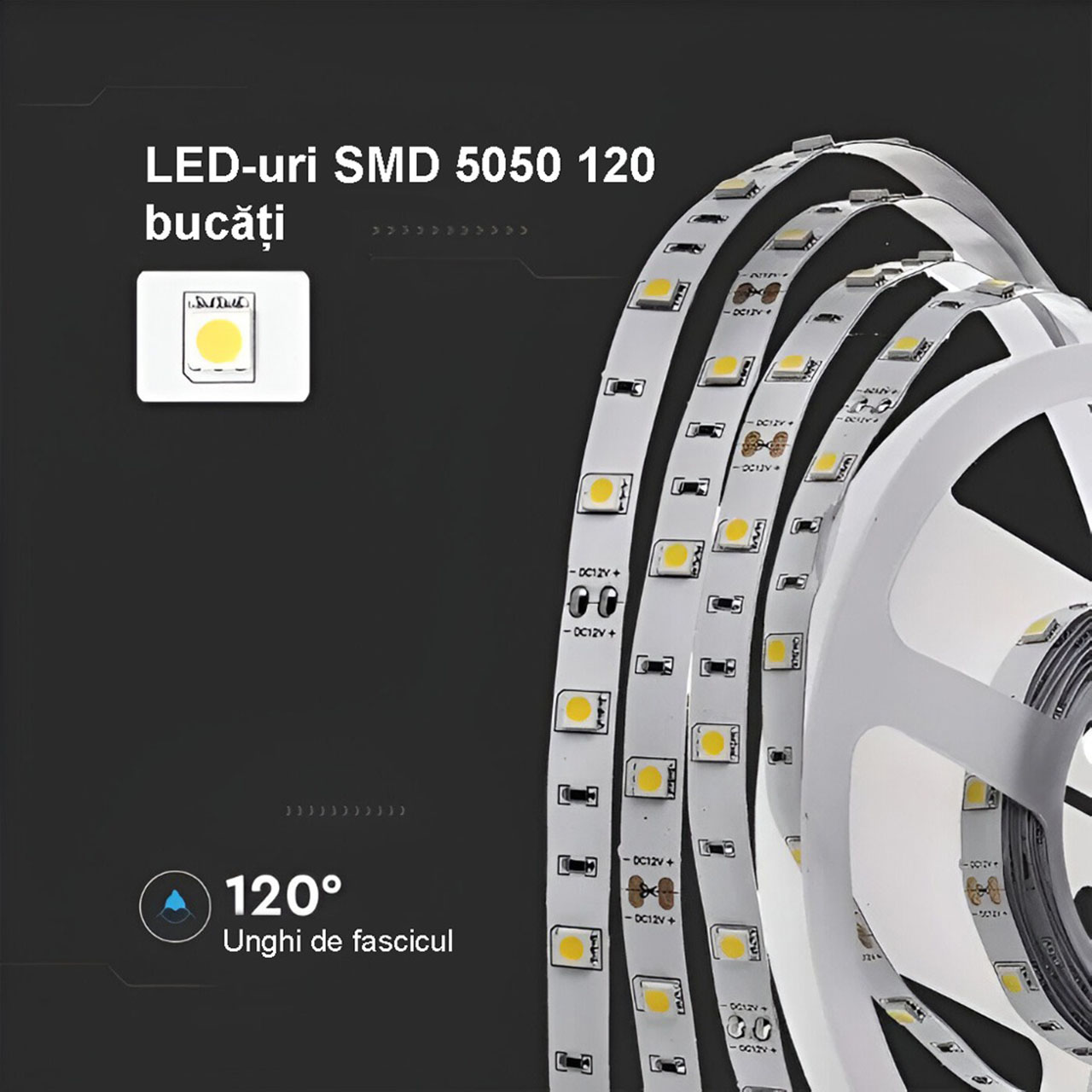 Benzi LED LBZ-00471 06 Banda LED 12V, 120 LED/m, SMD 5050, Lumina Alb-Rece, Interior IP20, 10mm, Rola 5 metri