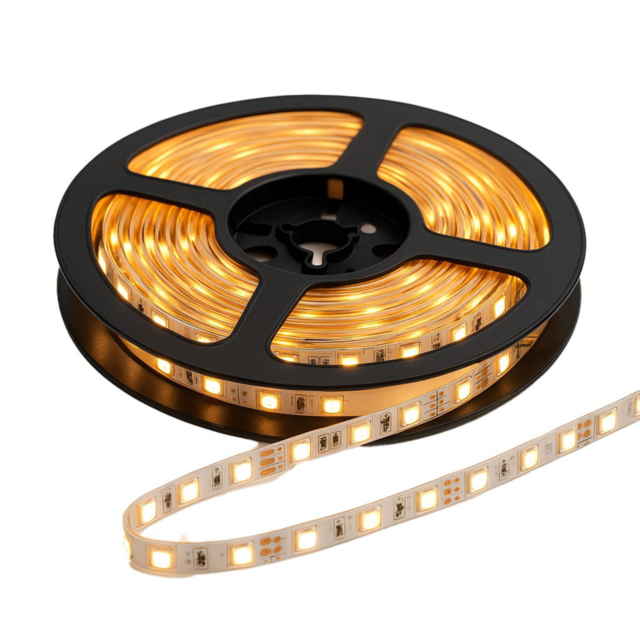 Banda LED 12V, 120 LED/m, SMD 5050, Lumina Alb-Calda, Interior IP20, 10mm, Rola 5 metri