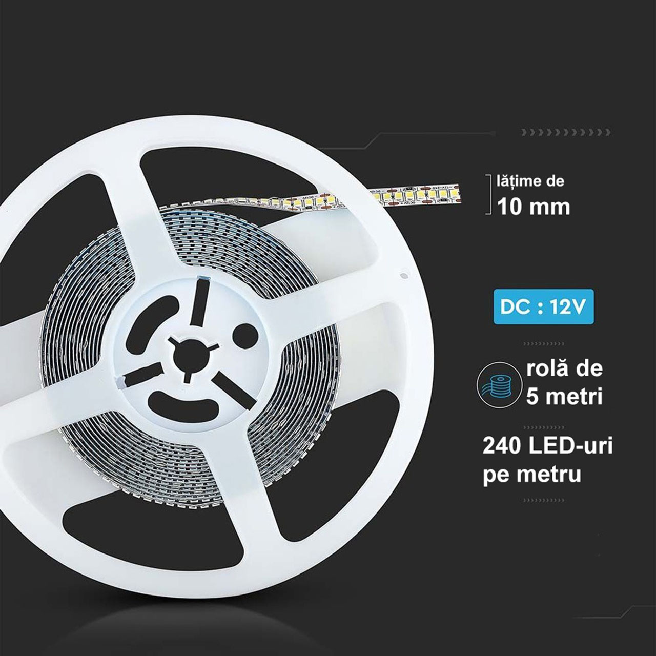 Benzi LED LBZ-00479 02 Banda LED 12V, 240 LED/m, SMD 2835, Lumina Alb-Neutra, Interior IP20, 10mm, Rola 5 metri