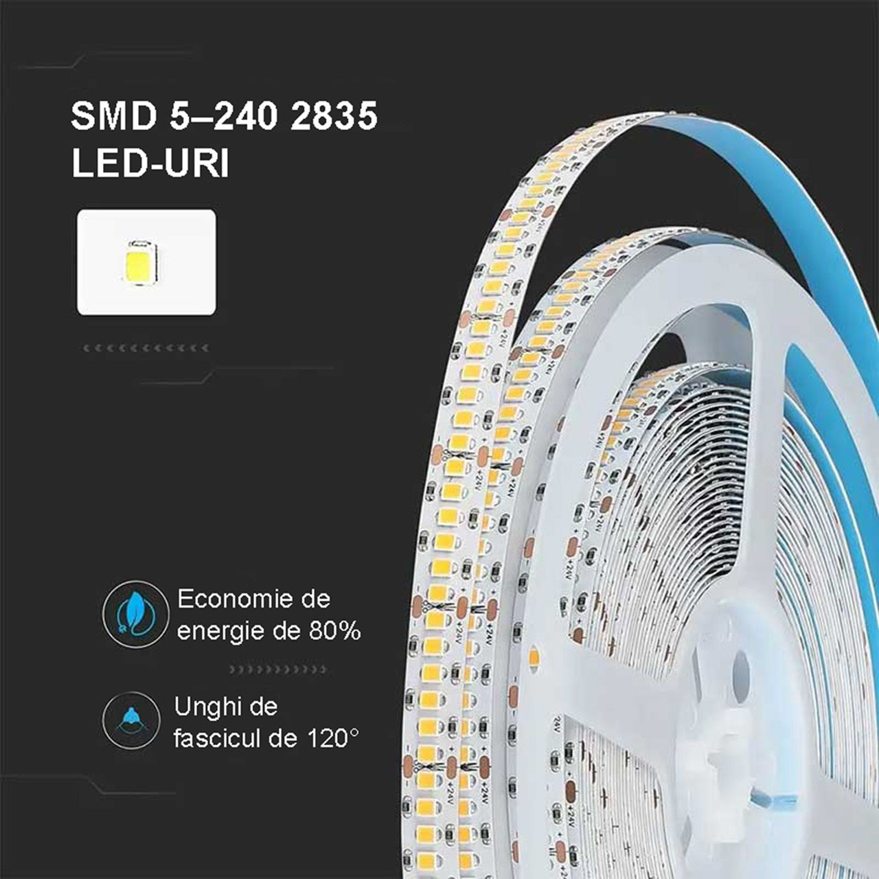 Benzi LED LBZ-00485 06 Banda LED 12V, 240 LED/m, SMD 2835, Lumina Alb-Rece, Interior IP20, 10mm, Rola 5 metri