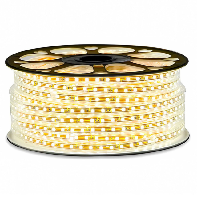Banda LED 220V, 120 LED/m, SMD 2835, Lumina Alb-Calda, Exterior IP65, 10mm, Rola 100 metri