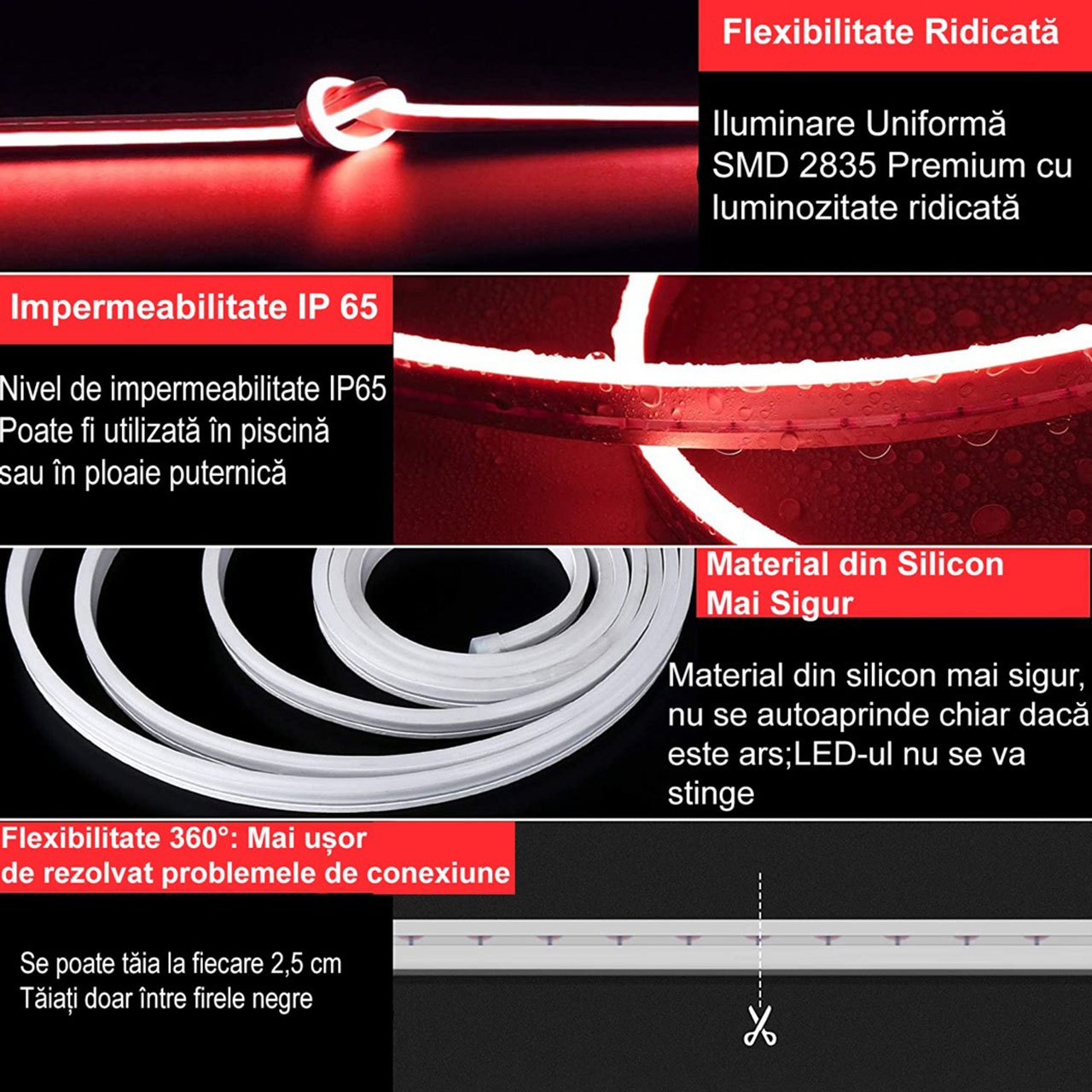 Banda LED Neon Flex 12V, Lumina Rosie, Exterior IP65, 8mm, Rola de 5 metri