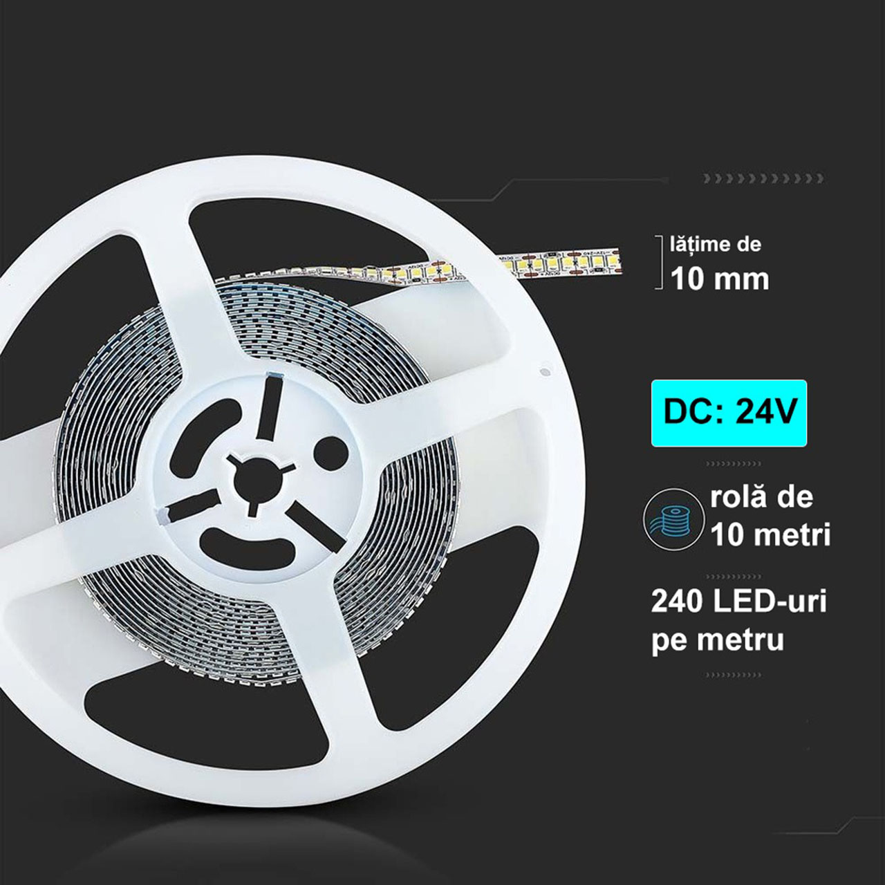 Benzi LED LBZ-00499 02 Banda LED 24V, 240 LED/m, SMD 2835, Lumina Neutra, Interior IP20, 10mm, Rola 10 metri