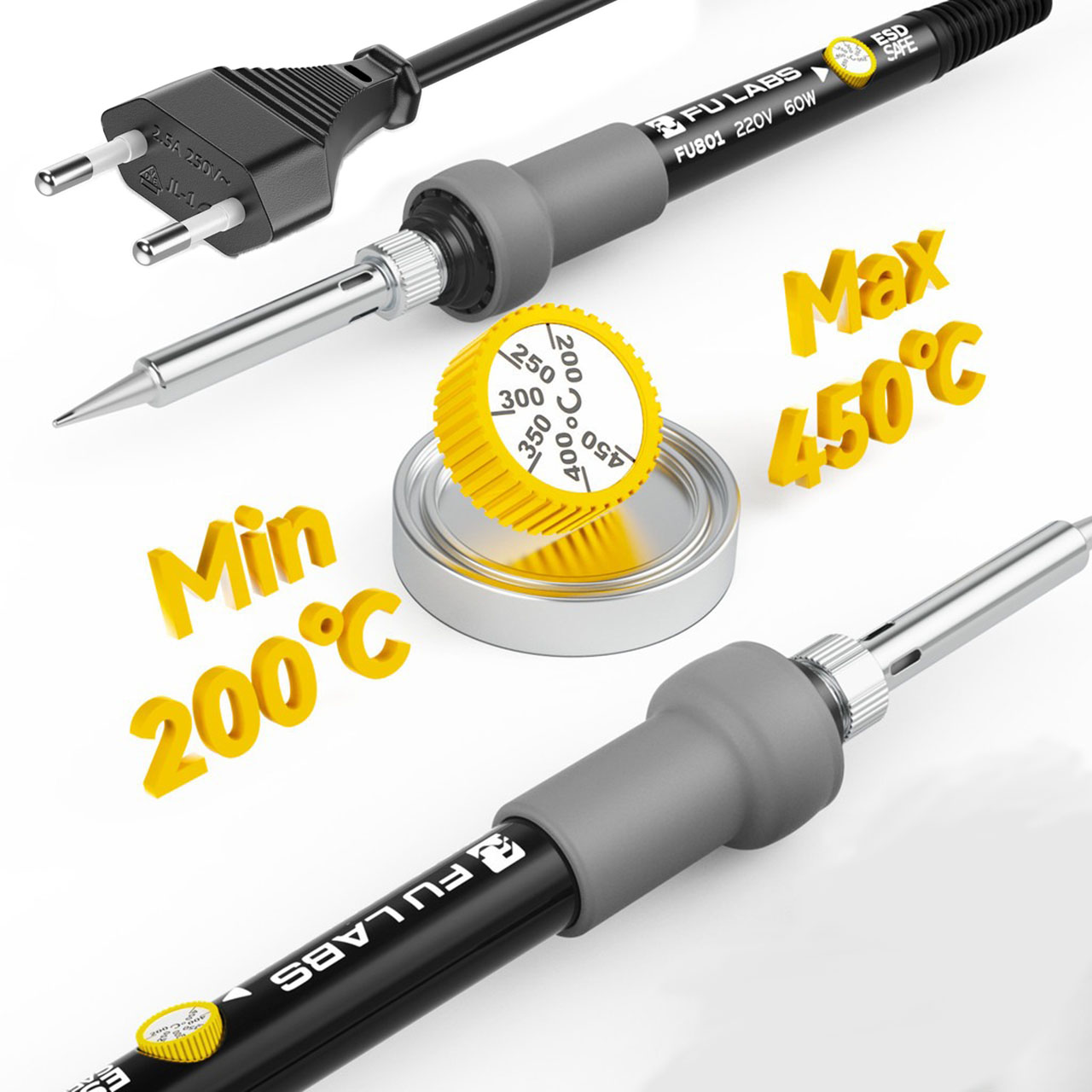 Ciocan de Lipit LBZ-00188 03 Ciocan de Lipit Electric FULABS 60W Reglabil 200–450°C, 230V cu Suport, Fludor și Sacâz