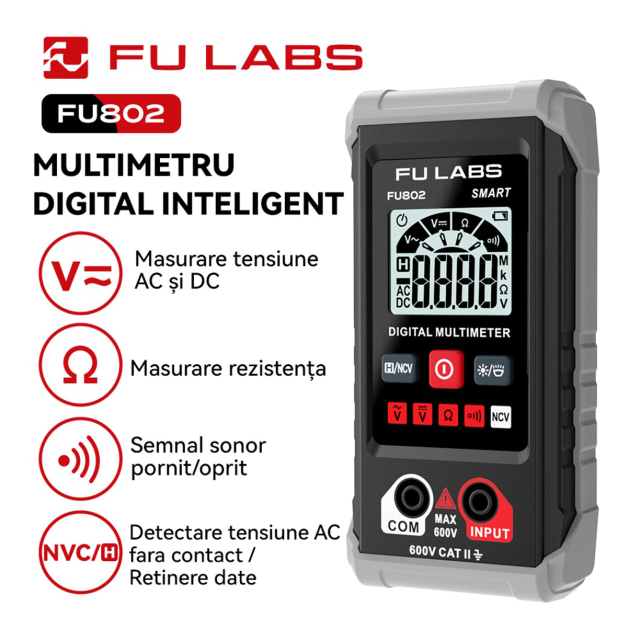 Multimetru LBZ-00562 02 Multimetru Digital FULABS FU802, 600V CAT II, Măsurare AC/DC, Rezistență, Continuitate, NCV Fără Contact, Afișaj LCD