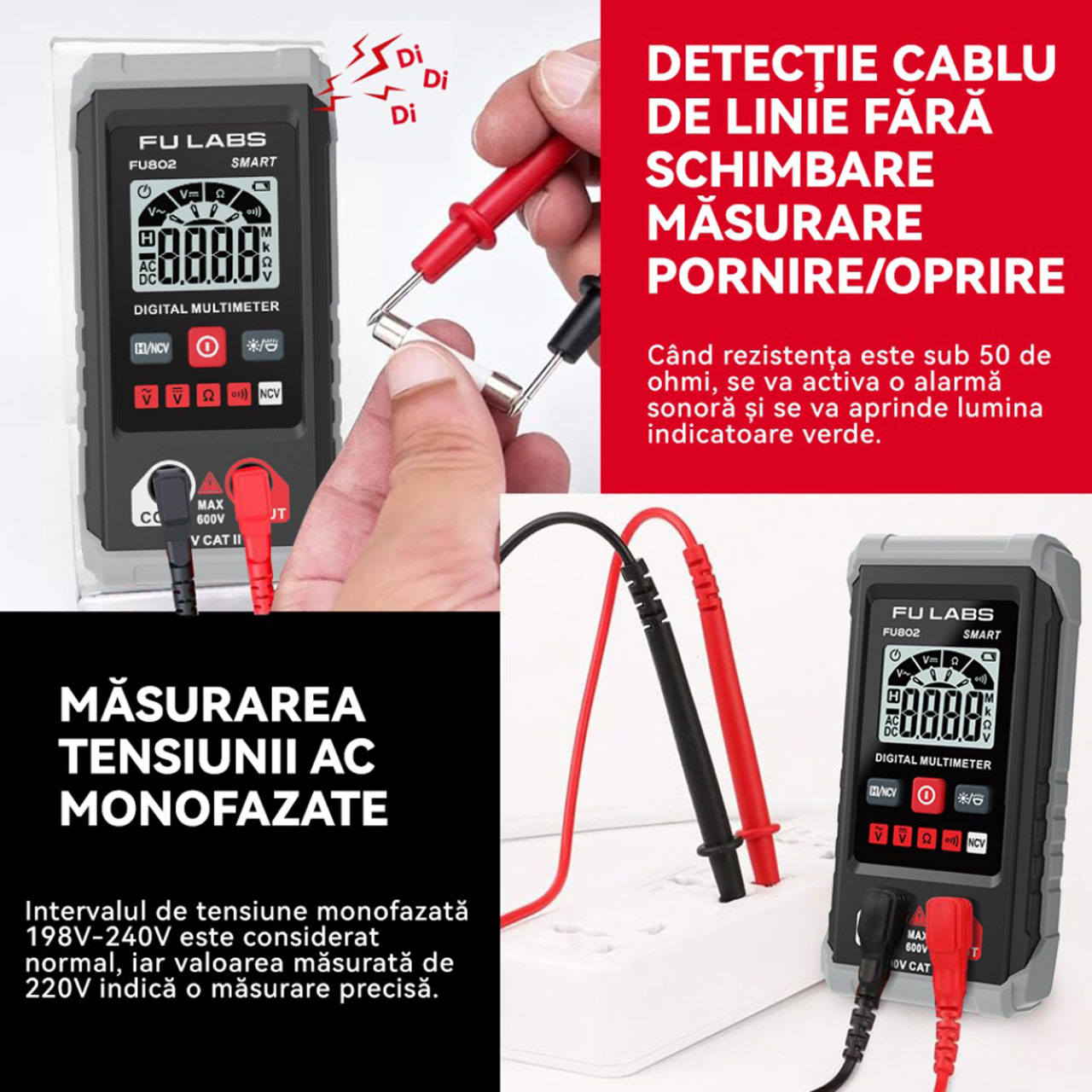 Multimetru LBZ-00562 03 Multimetru Digital FULABS FU802, 600V CAT II, Măsurare AC/DC, Rezistență, Continuitate, NCV Fără Contact, Afișaj LCD