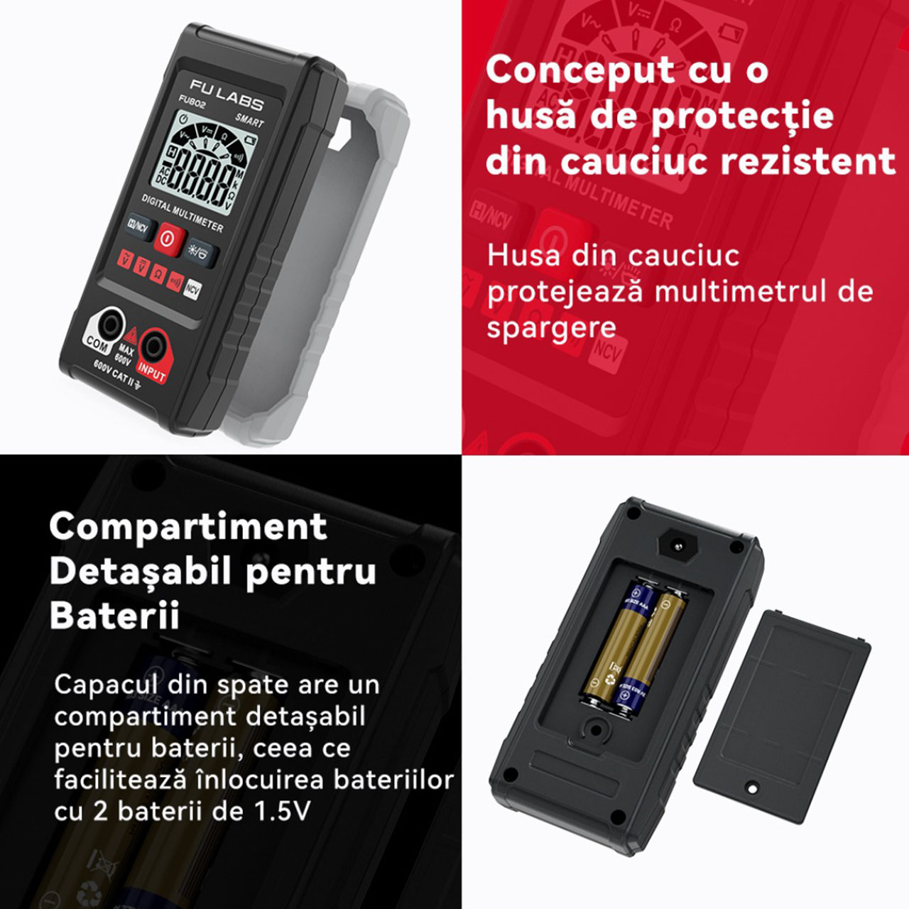 Multimetru LBZ-00562 05 Multimetru Digital FULABS FU802, 600V CAT II, Măsurare AC/DC, Rezistență, Continuitate, NCV Fără Contact, Afișaj LCD
