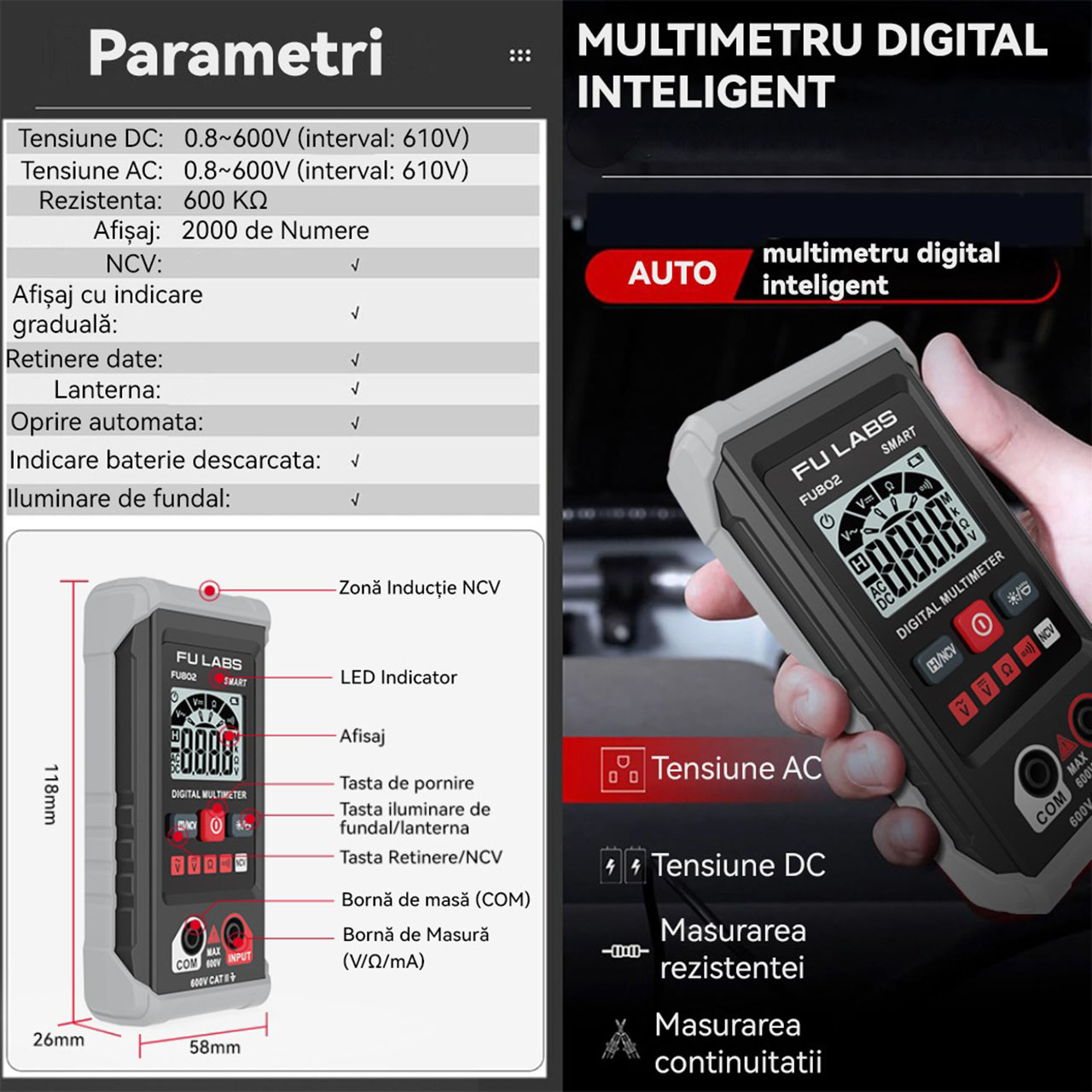 Multimetru LBZ-00562 07 Multimetru Digital FULABS FU802, 600V CAT II, Măsurare AC/DC, Rezistență, Continuitate, NCV Fără Contact, Afișaj LCD