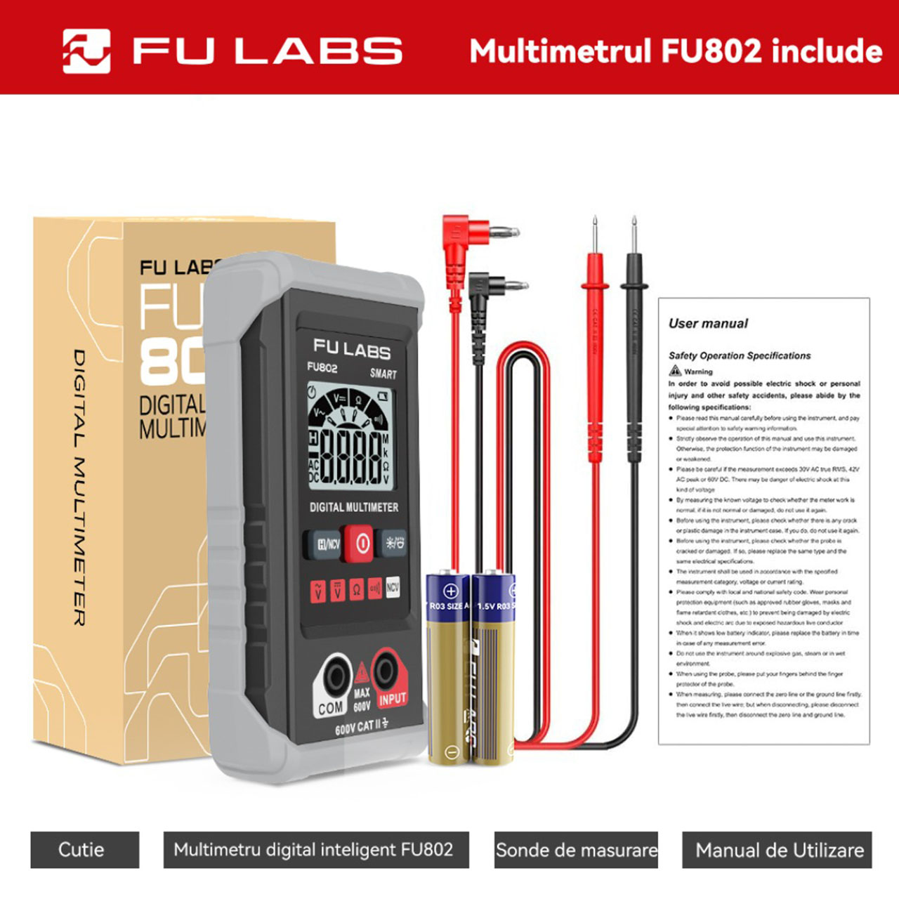 Multimetru LBZ-00562 08 Multimetru Digital FULABS FU802, 600V CAT II, Măsurare AC/DC, Rezistență, Continuitate, NCV Fără Contact, Afișaj LCD
