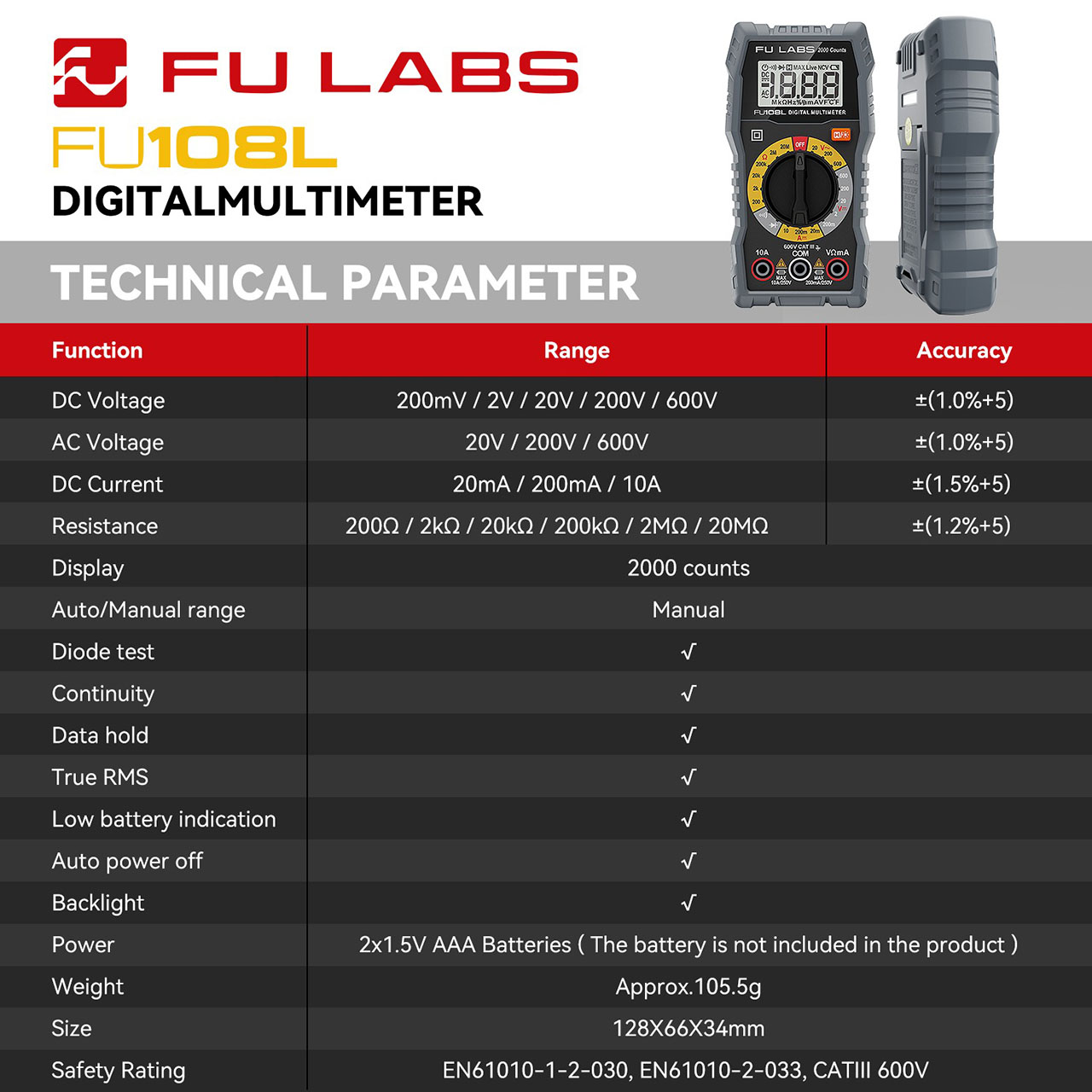 Multimetru LBZ-00600 07 Multimetru digital FULABS FU108L Universal, Afisaj Iluminat, masurare tensiune AC si DC, cu accesorii bonus