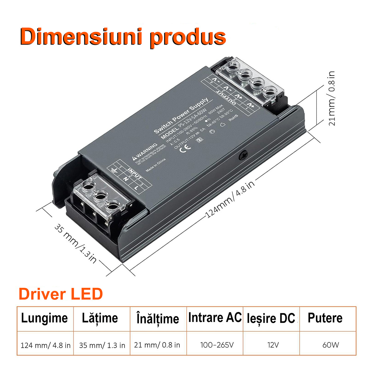 Sursă Alimentare Stabilizată 12V 5A 60W, Premium, Slim