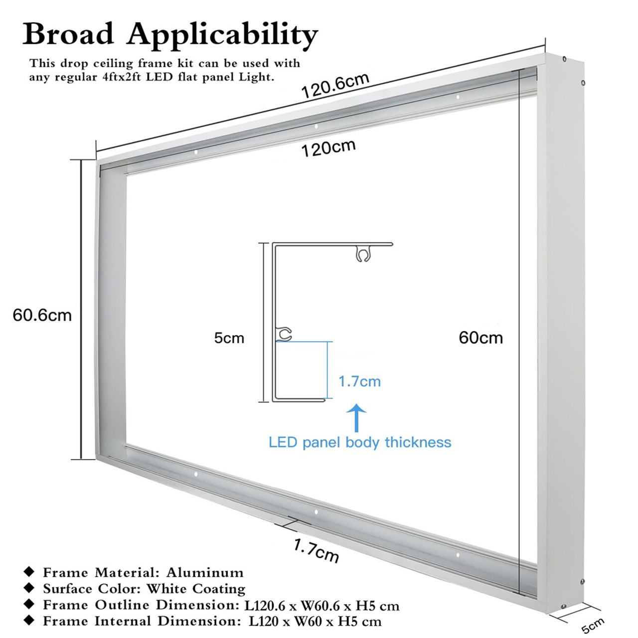 Ramă montaj aplicat panou LED 60x120 cm, culoare albă