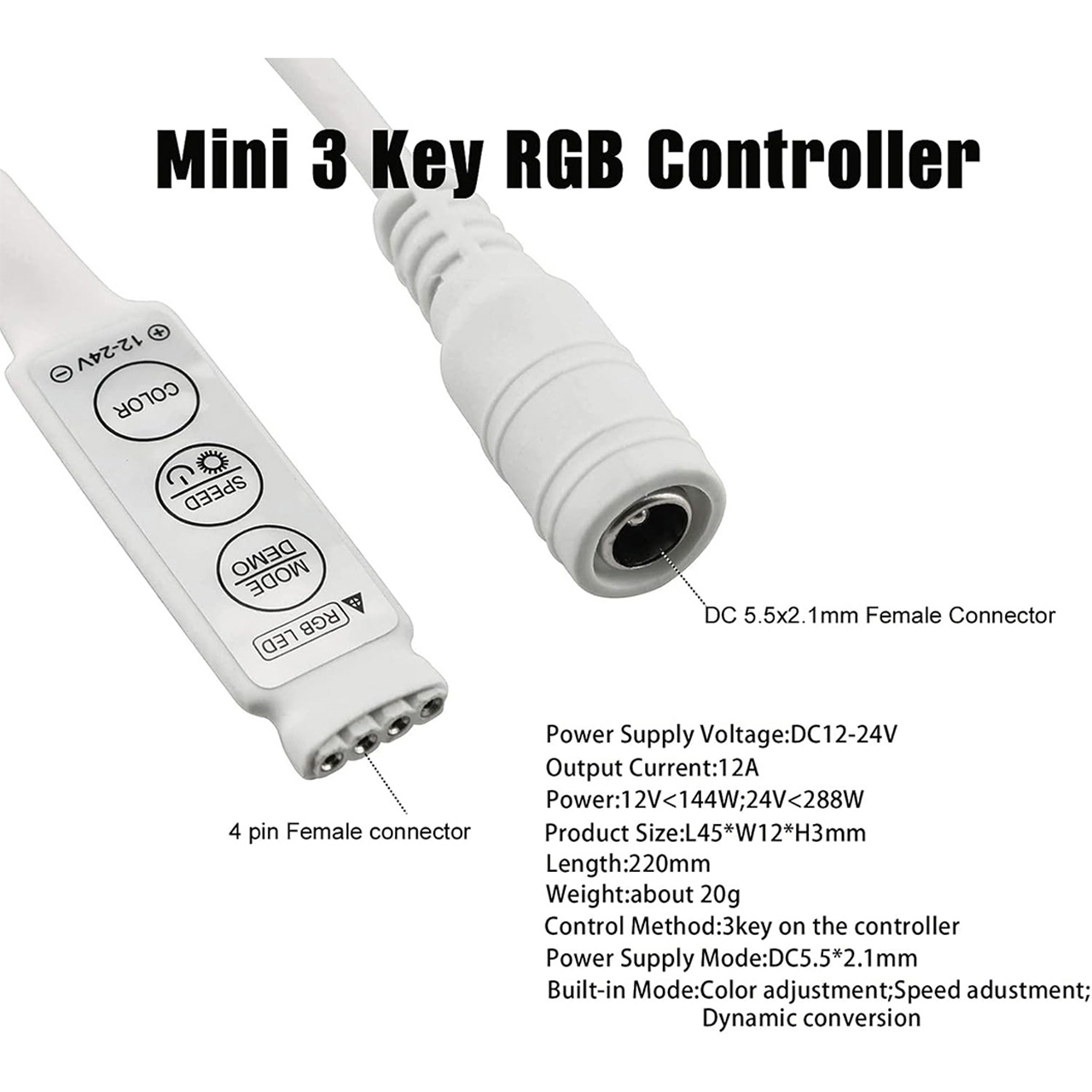 Controlere Benzi LED LBZ-00507 04 Mini controller LED RGB pentru bandă LED cu mufă DC, 12-24V