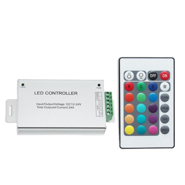 Controlere Benzi LED LBZ-00513 01 Controller LED RGB pentru bandă LED, 12-24V, telecomandă IR 24 taste, cutie metalică