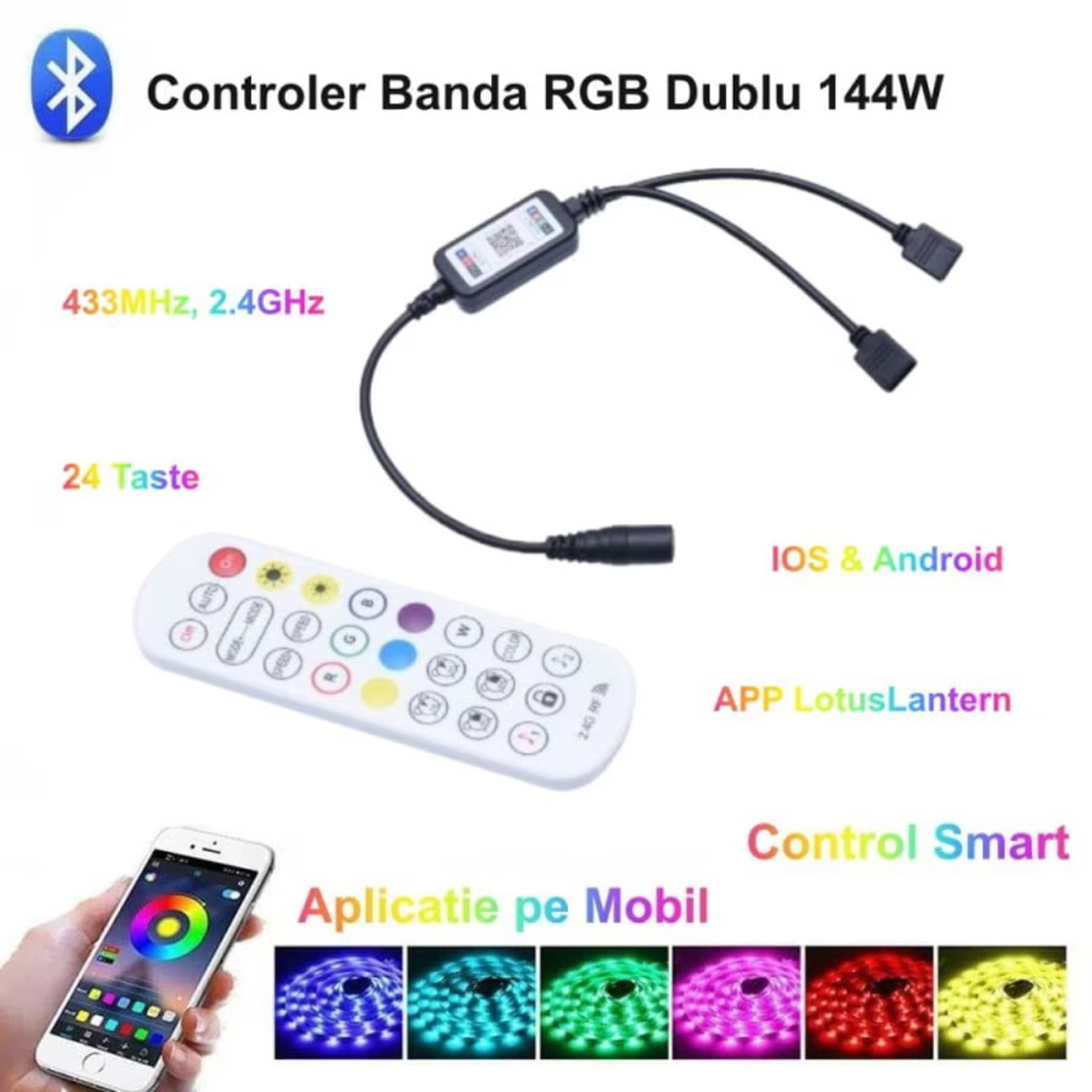 Controlere Benzi LED LBZ-00524 04 Mini controller LED RGB pentru bandă LED, 2 ieșiri, telecomandă RF 24 taste, 144W
