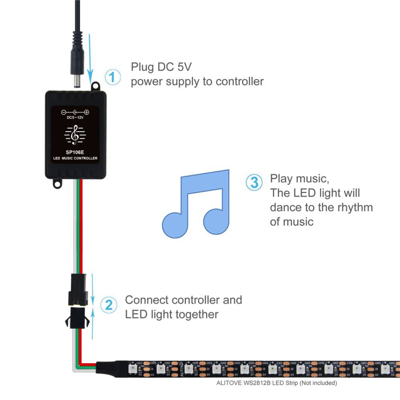 Controller LED pixel muzical WS2811/WS2812 pentru bandă LED adresabilă, 5-12V