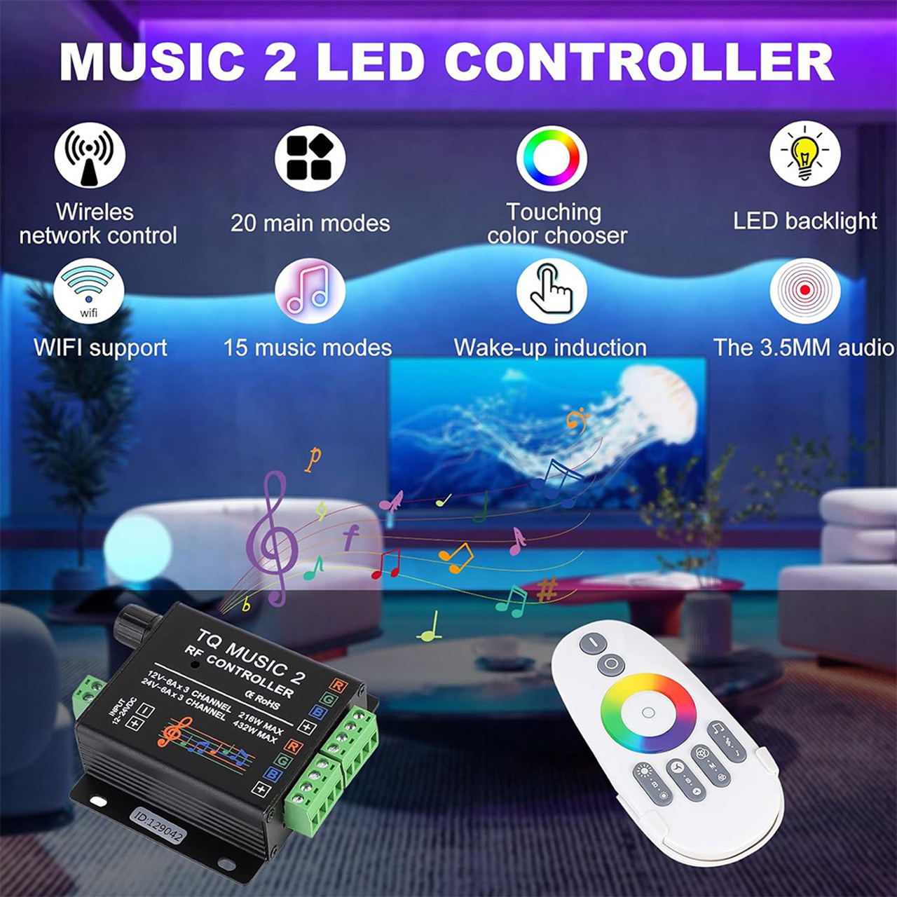 Controller LED RGB TQ Music 2 pentru bandă LED, RF WiFi, funcție muzică, 12-24V