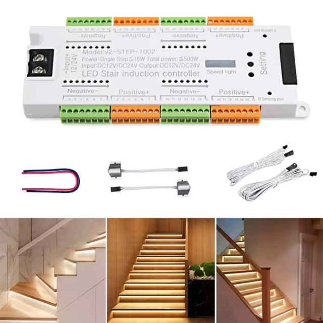 Controlere Benzi LED LBZ-00533 01 Controller LED inteligent pentru iluminat trepte scări, 32 canale, 2 senzori de mișcare, 12-24V