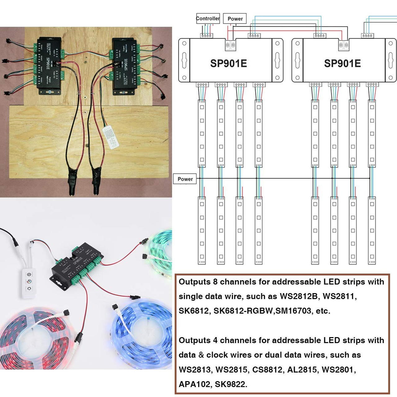 Amplificator LED pixel digital SP901E pentru bandă LED adresabilă, 5-24V, 8 ieșiri