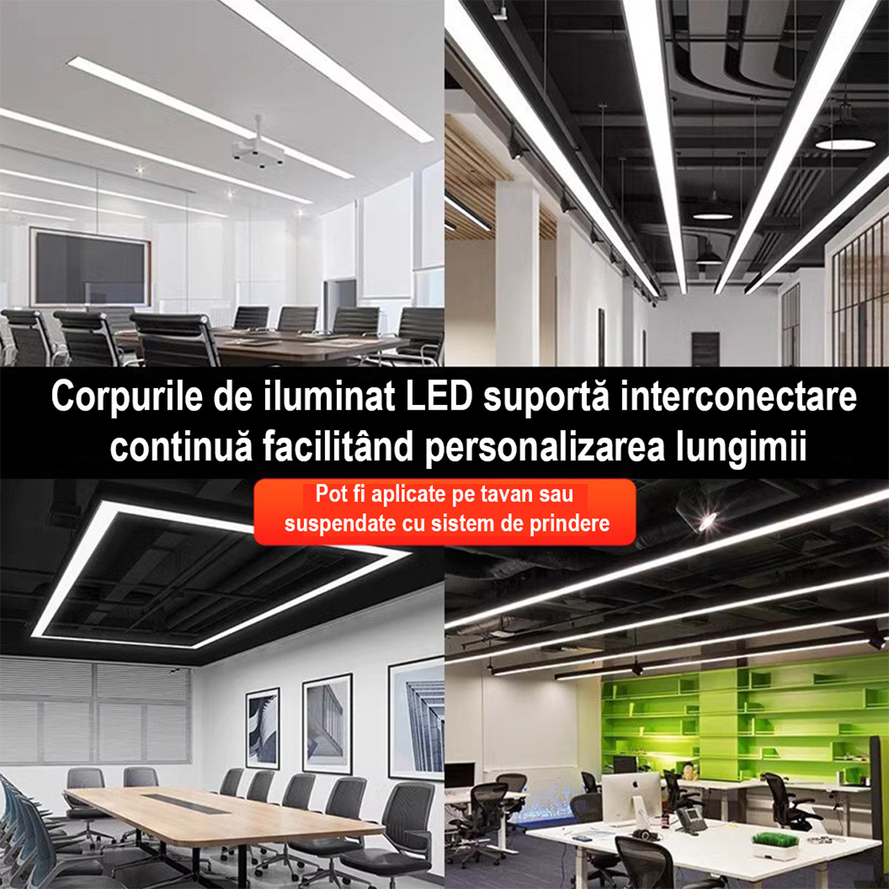 Corp iluminat LED liniar modular 28W, 120x10 cm, lumină alb rece 6500K, negru