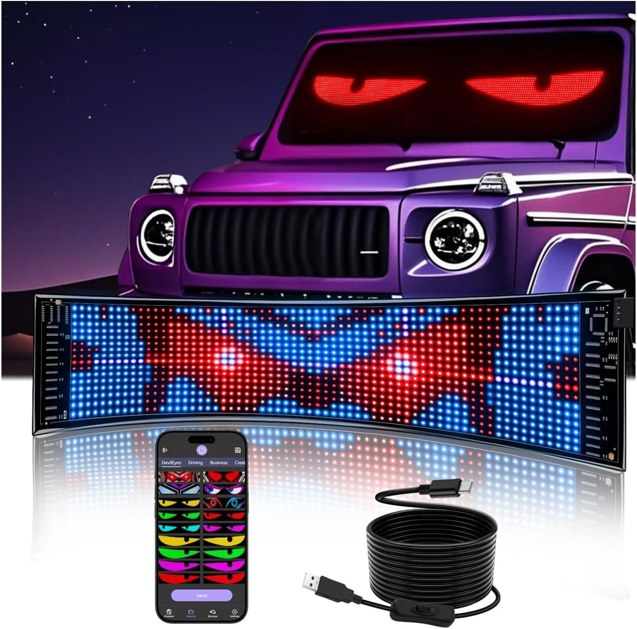 Display LED Auto RGB LBZ-00267 01 Display LED auto RGB programabil, reclamă magazin, 92x374 mm, control prin aplicație, USB