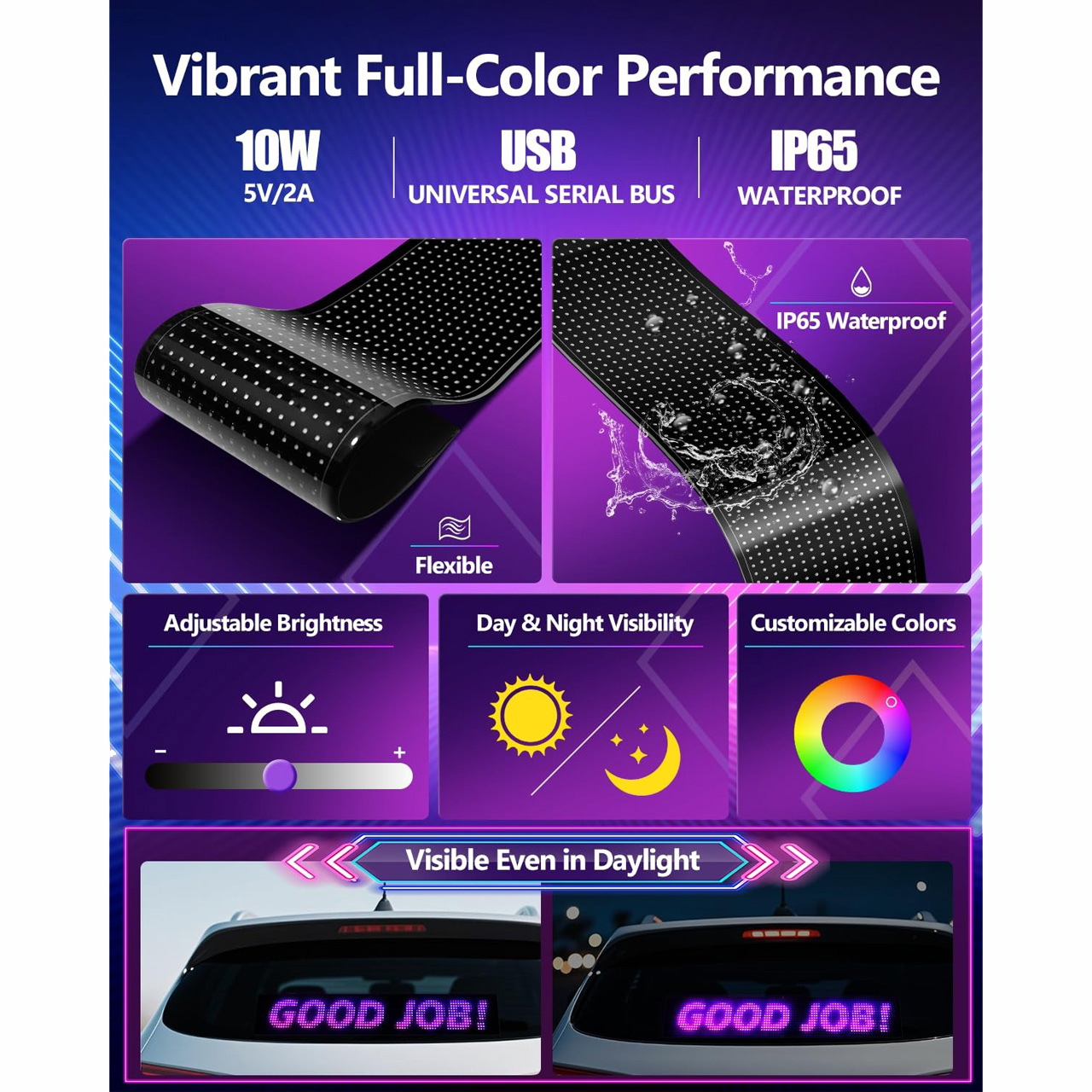 Display LED RGB programabil pentru auto și reclamă magazin, 120x595 mm, control prin aplicație, USB