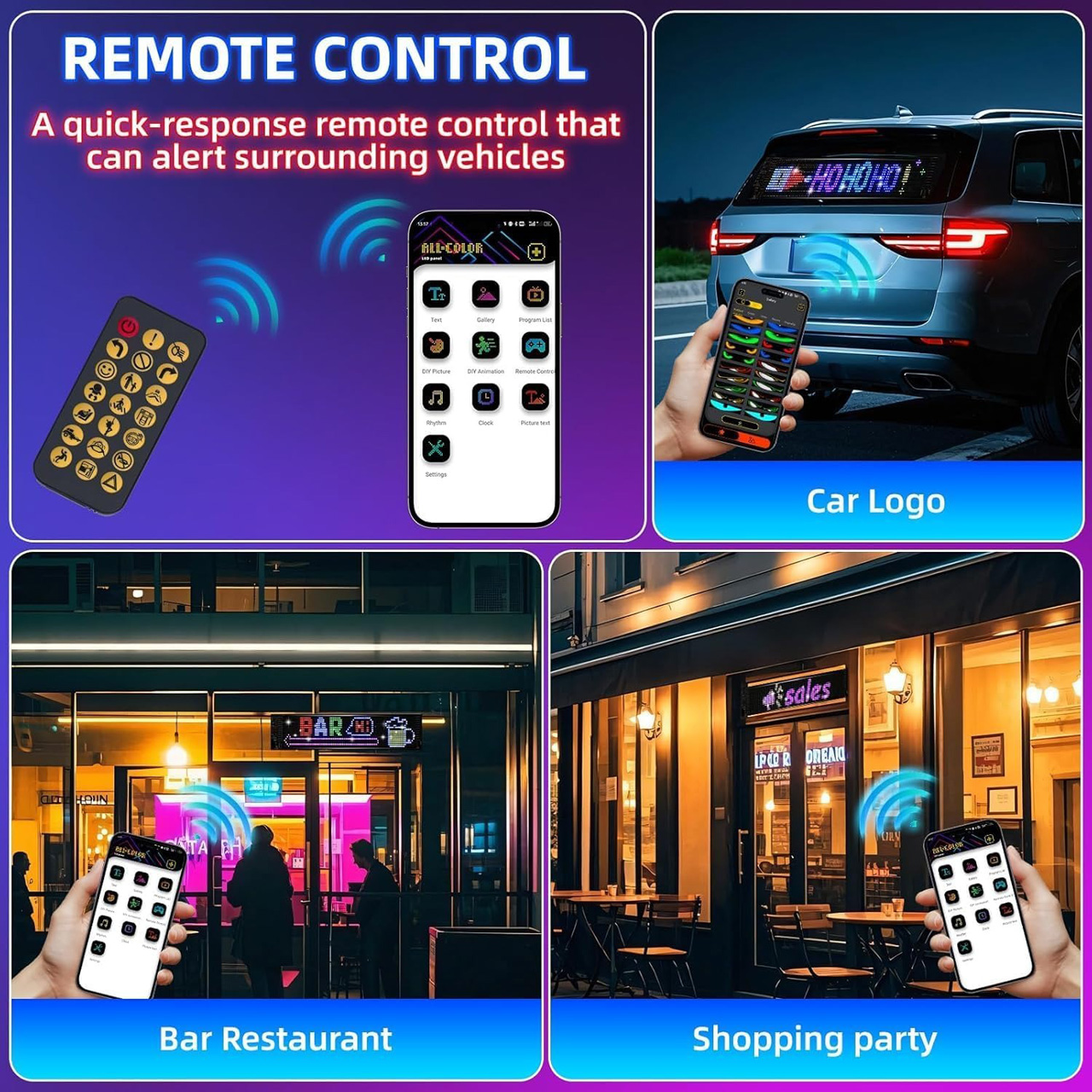 Display LED RGB programabil pentru auto și reclamă magazin, 120x595 mm, control prin aplicație, USB