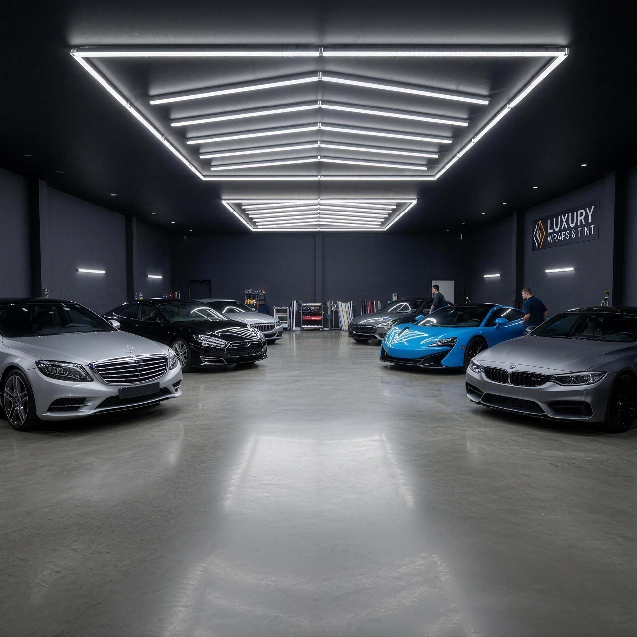 Sistem LED Arrow pentru tavan 4826x2424 mm, lumină alb rece 6500K, pentru garaj, detailing auto și barbershop