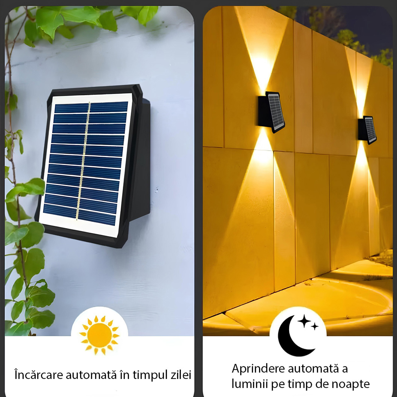 Aplica solara LED de perete cu 2 LED-uri, unghi ajustabil, IP65, 3 culori 6500k, 4000k, 3000k